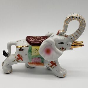 Happy Good Luck Vintage Elephant Curled Trunk Up Pink Ears Porcelain Figurine